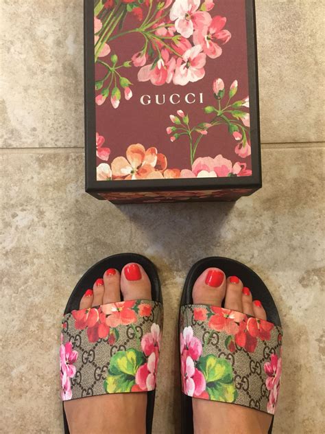 gucci sandals blooms|Gucci floral slides outfit.